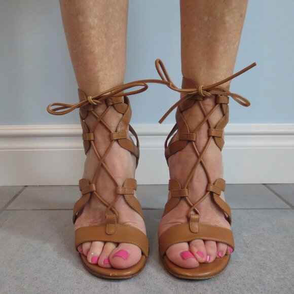 GIANVITO ROSSI Chunky Heel Tan Leather Lace Up High Heel Sandals - Picture 2 of 9